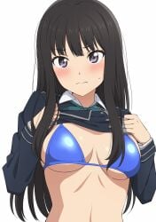 1girls bikini bikini_top black_hair blush breasts eye_contact female female_only inoue_takina light-skinned_female light_skin long_hair looking_at_viewer lycoris_recoil mibushiro presenting presenting_breasts shiny_clothes solo upper_body white_background