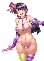 bikini black_hair gloves large_breasts looking_at_viewer micro_bikini mizuryuu_kei mizuryuuland open_mouth phallic_popsicle purple_hair short_hair solo star-shaped_pupils starry_eyes thighhighs thighs tie top_hat two_tone_hair