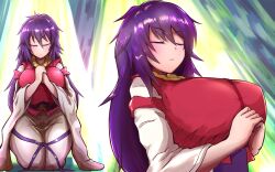 2koma ajura_(kiiroi_kaiten_mokuba) arc_the_lad blush breasts closed_eyes closed_mouth female female_focus female_only hands_together huge_breasts japanese_clothes kimono kneeling kukuru large_breasts long_hair long_sleeves miko obi praying purple_hair sash wide_sleeves