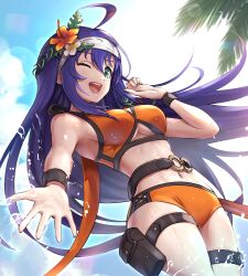 1girls alternate_costume bad_id bad_twitter_id bikini blue_hair blue_sky breasts day female female_only fire_emblem fire_emblem:_path_of_radiance fire_emblem:_radiant_dawn fire_emblem_heroes flower gonzarez green_eyes hair_flower hair_ornament hairband highres long_hair medium_breasts mia_(fire_emblem) mia_(summer)_(fire_emblem) nintendo official_alternate_costume one_eye_closed open_mouth orange_bikini orange_swimsuit outdoors sky solo swimsuit thigh_strap underboob white_hairband