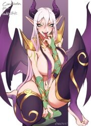 1girls big_breasts blizzard_entertainment blood_elf breast_curtains demon_horns demon_hunter demon_wings elf_ears female female_only finger_on_tongue green_eyes hi_res horns ixtab_felfall legwear light-skinned_female light_skin loincloth long_hair looking_at_viewer nipple_bulge orouu pointy_ears smiling_at_viewer solo solo_female toeless_legwear tongue_out voluptuous warcraft white_hair wings world_of_warcraft