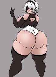 1girls android armwear ass big_ass big_breasts blindfold breasts bubble_butt clothing dat_ass fat_ass female female_only hairband hi_res huge_ass inakotho leotard looking_at_viewer looking_back nier:_automata short_hair solo thick_thighs thighhighs v_sign white_hair wide_hips yorha_2b