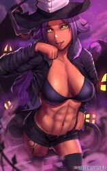 1girls abs bleach breasts cat_tail cleavage dark-skinned_female dark_skin female female_only fluffydus fully_clothed halloween hat long_hair looking_at_viewer midriff paw_pose purple_hair shihouin_yoruichi solo tail tattoo_on_legs thigh_boots witch_hat