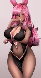 1girls animal_ears arm_under_breasts big_breasts black_clothing bunny_ears chains cleavage cleavage_cutout clothing collar dark-skinned_female dark_skin female female_only gold gold_clothing ladyxcryo legs looking_at_viewer mia_paprika_(artist) pelvic_curtain pink_eyes pink_gold pink_hair smile standing thighs twitch virtual_youtuber vtuber