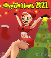 1girls armpits arms_up ben_10 big_ass big_breasts cartoon_network christmas christmas_clothing christmas_outfit christmas_tree evil_raccoon female female_only green_eyes gwen_tennyson red_hair smile solo thick_thighs tight_clothing white_body white_skin