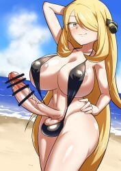 1futa areolae arm_up balls big_breasts big_penis bikini blonde_hair breasts censor_bar censored clothed clothing cynthia_(pokemon) erection eye_contact futa_only futanari game_freak huge_breasts huge_cock human light-skinned_futanari light_skin long_hair looking_at_viewer mostly_nude nintendo nipple_bulge nipples penis pokemon pokemon_(game) pokemon_dppt skindentation solo solo_futa standing testicles unkbrbrbrbrbrbr veiny_penis