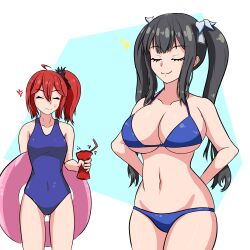 2girls big_breasts bikini breast_envy dungeon_ni_deai_wo_motomeru_no_wa_machigatteiru_darou_ka hestia_(danmachi) kentumatsu loki_(danmachi) multiple_girls swimsuit tagme