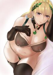 1girls bangs bare_shoulders belly bikini black_bikini black_gloves black_thighhighs blonde_female blonde_hair blush braid cleavage closed_mouth covered_nipples crown_braid curvy demeter_(fate) detached_collar earrings elbow_gloves fate/grand_order fate_(series) female gloves goddess gradient gradient_background green_bikini hand_on_own_chest head_wreath huge_breasts jewelry lactation lactation_through_clothes laying lips long_hair looking_at_viewer mature_female milf navel nipples on_side pendant pink_background pink_tarou plump purple_eyes slightly_chubby smile solo swimsuit thighhighs thighs