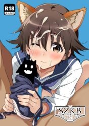 after_oral animal_ear_fluff animal_ears blue_background blush brown_hair cat_ears censored closed_mouth clothed_female_nude_male clothing cum cum_on_face ejaculation facial handjob highres long_sleeves looking_at_viewer miyafuji_yoshika novelty_censor nude oral panties panties_on_penis pov sailor_collar school_uniform serafuku short_hair simple_background small_breasts solo_focus straight strike_witches tobiume_sayu underwear wince world_witches_series