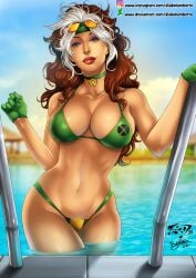 1girls anna_marie bikini brown_hair choker ed_benes_studio flirting_look fred_benes gloves green_eyes headband large_breasts long_hair marvel marvel_comics multicolored_hair outside pool rogue_(x-men) sunglasses_on_head voluptuous wet white_hair x-men