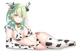 beauty_mark bikini bikini_bottom bikini_top ceres_fauna cow_bikini cow_print cow_tag green_hair hololive hololive_english hololive_english_-council- hololive_english_-promise- horns laying_down laying_on_side single_braid thighhighs virtual_youtuber yellow_eyes