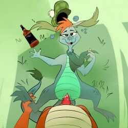 1:1 absurd_res alcohol alcoholic_drink anthro beverage dragon drunk drunk_sex female hi_res male male/female monster nessie_(disney) substance_intoxication wounded_demon