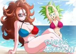 2girls android_21 android_21_(human) big_breasts bikini blue_eyes byghosteduard calf_muscles dragon_ball dragon_ball_super dragon_ball_z earrings female female_focus green_hair kefla legendary_super_saiyan muscular muscular_female only_female potara_earrings shounen_jump super_saiyan super_saiyan_2 swimsuit