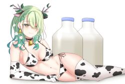 beauty_mark bikini bikini_bottom bikini_top ceres_fauna cow_bikini cow_print cow_tag green_hair hololive hololive_english hololive_english_-council- hololive_english_-promise- horns laying_down laying_on_side milk_bottle single_braid thighhighs virtual_youtuber yellow_eyes