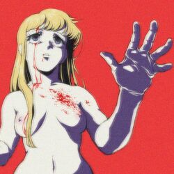 5_fingers blonde_hair blood breasts female_only go_for_a_punch guro hand_up lost_media navel nipples nude red_background saki_sanobashi unknown_artist