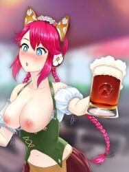 areola beer beer_mug blue_eyes blush braided_twintails cat_ear_headphones cleavage corset dress holding_mug logo long_hair long_pink_hair medium_breasts nipples nutaku nutaku-tan pink_hair twintails