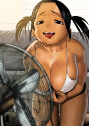 1girls arung_samudra_(cessa) big_breasts breasts cessa dark-skinned_female dark_skin electric_fan fan female female_only large_breasts solo sweat tongue