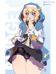 1boy big_ass blonde blonde_hair blue_eyes bridget bulge bulge_through_clothing cyan_eyes guilty_gear guilty_gear_strive large_ass lifting_skirt male male_only skirt skirt_lift solo solo_male thick_thighs violetmanguinha wide_hips