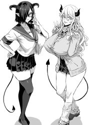 2girls asanagi big_breasts curvy demon demon_girl demon_horns demon_tail glasses hair_over_one_eye huge_breasts jk_(anime) long_hair looking_at_viewer miniskirt monochrome original peace_sign pointy_ears school_uniform schoolgirl sharp_teeth short_hair thick_thighs uncolored