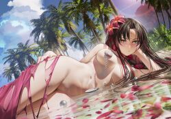 1girls bangs bare_shoulders beach bikini black_hair blush bracelet braid breasts breasts_apart chest_tattoo cleavage color commentary covered_nipples eyebrows eyebrows_behind_hair eyelashes eyelashes_behind_hair facial_mark fanart fate/grand_order fate_(series) female flower forehead_mark hair_flower hair_ornament hand_on_cheek hand_on_face hand_on_hip hand_on_own_cheek hand_on_own_face hand_on_own_hip highres jewelry large_breasts legs legs_together long_bangs long_hair looking_at_viewer lying multicolored_hair nanaken_nana navel necklace nude nude_female on_side palm_tree parted_bangs pearl_bracelet pearl_necklace pink_bikini pink_hair sarong sesshouin_kiara sesshouin_kiara_(swimsuit_mooncancer) sesshouin_kiara_(swimsuit_mooncancer)_(first_ascension) shell_necklace shore solo streaked_hair tattoo thighs thighs_together tree tsundere_face twin_braids very_long_hair water wet yellow_eyes