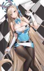 1girls 2022 asuna_(blue_archive) asuna_(bunny)_(blue_archive) blonde_female blonde_hair blue_archive blue_eyes blue_leotard breasts bunny_ears bunny_girl bunnysuit cafefrog checkered_flag cleavage female flag hair_over_one_eye highleg_leotard holding_object huge_breasts leotard long_hair race_queen smile solo solo_female tights very_long_hair