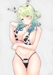 1girls basic_background bikini ceres_fauna cow_bikini cow_print female green_hair hololive hololive_english hololive_english_-council- hololive_english_-promise- horns light-skinned_female light_skin ragerkgk smirk solo solo_female virtual_youtuber