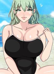 1girls alternate_breast_size bare_shoulders bare_thighs big_breasts black_swimsuit breasts byleth_(fire_emblem) byleth_(fire_emblem)_(female) cleavage collarbone enlightened_byleth_(female) female female_only fire_emblem fire_emblem:_three_houses green_eyes green_hair huge_breasts large_breasts long_hair nintendo off_shoulder one-piece_swimsuit outdoors seirosfollower shoulders smile solo solo_female spread_legs swimsuit thick_thighs thighs undressing