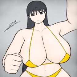 1girls armpit_crease azumanga_daiou black_eyes black_hair breasts dominant_female femdom huge_breasts light-skinned_female light_skin looking_at_viewer pov punching punching_face punching_viewer sakaki solo solo_female yayumil yellow_bikini yellow_swimsuit