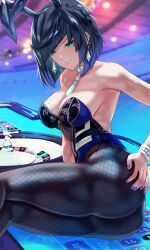 1girls 2022 ass blue_hair breasts bunny_ears bunny_girl cleavage female female_only genshin_impact green_eyes hips huge_breasts large_ass leotard looking_at_viewer lying_on_side short_hair slim_waist smile thick_thighs thighs uenoryoma wide_hips yelan_(genshin_impact)