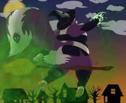 anthro ass big_ass big_breasts breasts broom fart female fishnet_skirt halloween halloween_costume houses magic pokémon_(species) pokemon q skull skunk skunk_girl skunk_tail skuntank stinky unknown_artist witch_costume witch_hat