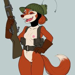 1:1 2022 anthro armor belt biped blue_background breasts brown_nose canid canine clothing digital_media_(artwork) dipstick_tail fangs female fox fur genitals gloves gun hand_on_hip handwear headgear helmet holding_gun holding_object holding_rifle holding_weapon mammal markings mostly_nude mouritzeen_(lenyavok) multicolored_body multicolored_fur nipples open_mouth open_smile orange_body orange_fur purple_eyes pussy ranged_weapon simple_background smile solo tail_markings two_tone_body two_tone_fur weapon white_body white_fur xenopera