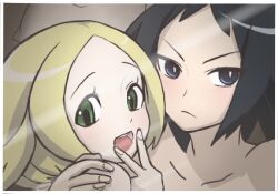 1boy 1boy1girl 1girls bianca_(pokemon) black_hair blonde_female blonde_hair cheren_(pokemon) collarbone green_eyes holding_another male/female nintendo nude nude_female nude_male on_bed open_mouth pokemon pokemon_bw2 shinuverna straight teeth tongue upper_body v v-shaped_eyebrows