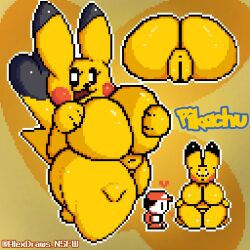 1:1 alexdraws anthro ass bad_anatomy belly big_breasts big_butt breasts cosplay_pikachu curvy_figure digital_media_(artwork) duo female genitals heart hi_res huge_breasts interspecies looking_at_viewer male mammal nintendo overweight overweight_female pikachu pixel_(artwork) pokémon_(species) poképhilia pokemon pokemon_oras pussy rodent simple_background thick_thighs video_games voluptuous