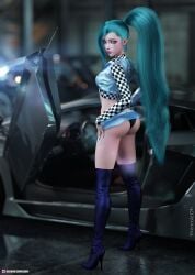 1girls 3d female female_only k/da_all_out_seraphine k/da_all_out_series league_of_legends looking_at_viewer miniskirt panties race_queen racing_suit seraphine_(league_of_legends) solo therealzoh zoh