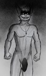 absurd_res anthro balls big_ears black_and_white black_penis black_sclera botter botter_dork chiropteran digital_media_(artwork) dramatic_lighting fangs fur genitals glowing glowing_eyes grin hair hi_res humanoid_genitalia humanoid_penis hybrid looking_at_viewer male male_only mammal monochrome muscular mustelid nude penis rio_(botter_dork) simple_background smile solo