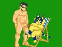 animal_crossing animated ankha ankha_(animal_crossing) anthro areola balls big_breasts black_eyes black_hair blue_hair bodily_fluids breasts cum cum_in_hair cum_on_breasts cum_on_face cumshot domestic_cat duo ejaculation erection eyewear fapmaster felid feline felis female genital_fluids genitals hair hands_behind_head human looking_at_viewer male male/female male_masturbation mammal markings masturbation navel nintendo nipples nude one_eye_closed open_mouth penile_masturbation penis short_playtime sitting striped_markings striped_tail stripes sunglasses tail_markings thick_thighs video_games white_body white_skin yellow_areola yellow_body yellow_nipples