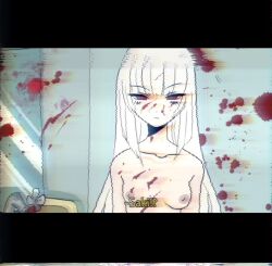 bathroom bathroom_mirror bathroom_sink bathroom_wall blood blood_everywhere blood_splatter breasts bxnnyeggz dialogue english_text go_for_a_punch long_hair looking_at_viewer lost_media mirror nipples red_eyes saki_sanobashi vhs_filter white_background