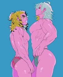 2boys big_pecs blonde_hair blonde_male blue_background demon_slayer fundoshi hair_down height_difference kimetsu_no_yaiba kyu_717 looking_at_another male male_only muscular muscular_male pecs profile red_eyes rengoku_kyoujurou restricted_palette shiny_skin silver_hair smile thick_eyebrows topless topless_male uzui_tengen veiny_muscles yellow_eyes yellow_hair