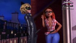 1boy1girl adrien_agreste alya_cesaire balcony cat_noir cleavage dark-skinned_female edit ferjuasi hard_on miraculous_ladybug night public screenshot screenshot_edit