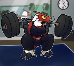 1futa anthro avian blaziken breasts bulge carol_(otterjunk) clothing exercise futanari genitals gym gynomorph hi_res intersex mirror nintendo otterjunk penis pokemon pokemon_(species) solo sweatpants tagme tight_clothing video_games weightlifting workout