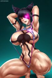 1girls 2022 abs alternate_breast_size arcsinge armpits arms_behind_head arms_up big_breasts black_hair bodypaint breasts female female_only fit fit_female glowing_eyes hair_over_one_eye hips huge_breasts juri_han large_breasts muscles purple_eyes short_hair slim_waist spread_legs squatting street_fighter street_fighter_6 thick_thighs thighs thunder_thighs wide_hips