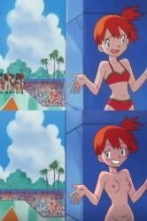 accurate_art_style belly_button bikini breasts completely_nude kasumi_(pokemon) multiple_girls nipples nude_female palm_tree pokemon pokemon_(anime) pokemon_rgby screenshot_edit side_ponytail smile tanquito