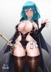 1girls achromaru aqua_hair aqua_nails artist_name ass_visible_through_thighs black_gloves black_leotard black_thighhighs blue_eyes blush breasts bridal_gauntlets byleth_(fire_emblem) byleth_(fire_emblem)_(female) closed_mouth covered_navel detached_collar female female_only fire_emblem fire_emblem:_three_houses gloves gradient gradient_background hair_between_eyes highres holding holding_sword holding_weapon large_breasts leggings leotard light_smile long_hair looking_at_viewer nail_polish nintendo revealing_clothes revision solo sword sword_of_the_creator thighhighs weapon