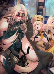 1boy bar_censor belt blindfold blonde_female blonde_hair censored clothed_sex clothes_pull female female_pubic_hair fingerless_gloves fur_hat gloves guilty_gear guilty_gear_strive hand_on_another's_face hat high_heels highres long_hair millia_rage open_belt pantyhose pantyhose_pull penis prehensile_hair pubic_hair pussy shaved_crotch spykeee straight ushanka very_long_hair zato-1