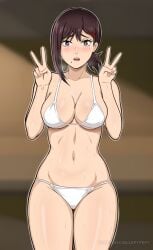 1girls black_eyes black_hair blush bottomwear bra breasts chainsaw_man cleavage double_peace_sign female female_only higashiyama_kobeni lepypepy medium_breasts mole mole_under_eye mole_under_mouth panties peace_sign solo sweat sweatdrop thighs topwear white_bra white_panties