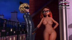 1boy1girl adrien_agreste alya_cesaire balcony cat_noir cleavage dark-skinned_female edit ferjuasi hard_on miraculous_ladybug naked naked_female night public screenshot screenshot_edit stroking stroking_cock stroking_penis