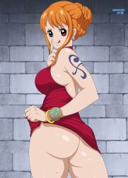 1girls ass ass_focus dress dress_lift female female_only immortalkingart looking_at_viewer nami one_piece peeping post-timeskip shirt_lift solo undressing whole_cake_island