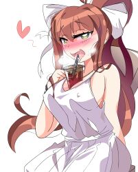 1girls boba_tea bow brown_hair doki_doki_literature_club dress drool green_eyes heart junglejops monika_(doki_doki_literature_club) panting red_heart saliva tea white_background white_bow white_dress