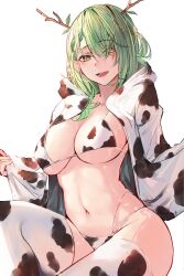 beauty_mark bikini bikini_bottom bikini_top ceres_fauna clothes_pull cow_bikini cow_print flowers_in_hair ginga_elyka green_hair hololive hololive_english hololive_english_-council- hololive_english_-promise- hoodie horns looking_at_viewer naokomama opening_jacket pov thighhighs virtual_youtuber yellow_eyes