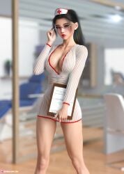 1girls 3d black_hair cleavage cleavage_dress clipboard glasses hands_on_glasses holding_clipboard light-skinned_female looking_at_viewer nurse nurse_uniform original_character pale-skinned_female red_lipstick see-through solo solo_female therealzoh visible_underwear zoh